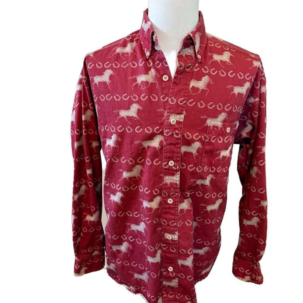 Vintage Barn Fly Made in USA Horse & Horseshoe Print Western Button Down Shirt